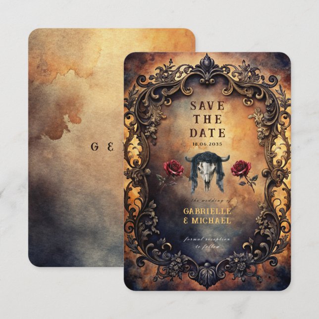 Reserva La Fecha Dark Western Gothic Bull Skull & Velvet Roses (Anverso / Reverso)