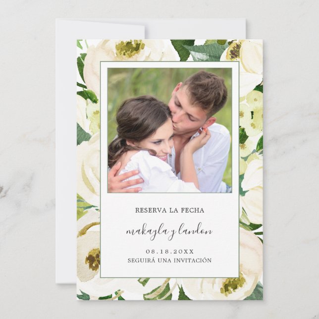 Reserva la fecha de la elegante foto floral blanca (Anverso)