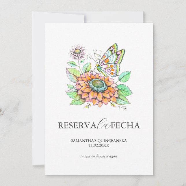 Reserva la fecha de las mariposas quinceañeras (Anverso)