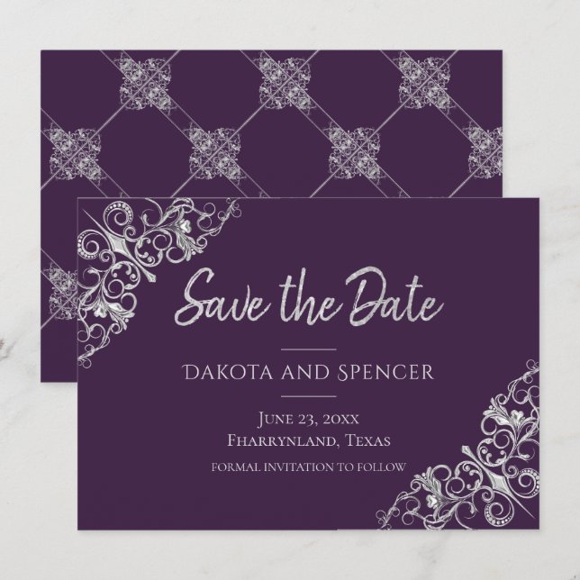 Reserva La Fecha Decadencia Art Deco | Púrpura y filigrana plateada (Anverso / Reverso)