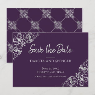 Reserva La Fecha Decadencia Art Deco   Púrpura y filigrana plateada