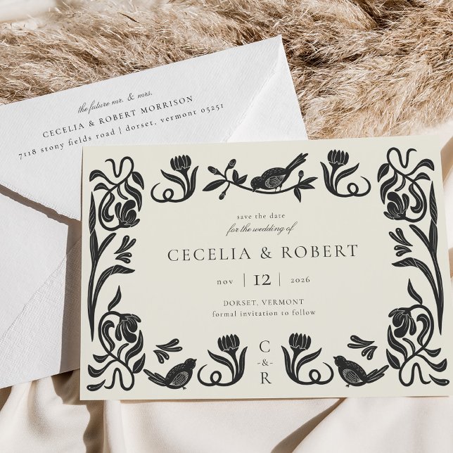Reserva La Fecha Deco de arte blanco y negro salva la fecha (Elegant Black and White Art Deco Save the Date Card)