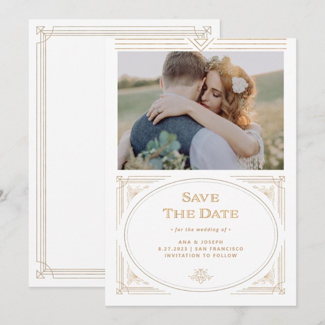 Reserva La Fecha Deco Moderno | Elegante Foto en Dorado y Blanco (Anverso / Reverso)