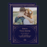 Reserva La Fecha Deco moderno | Faux Rosa Gold and Navy Blue Photo<br><div class="desc">Estas glamorosas bodas,  salvo las tarjetas de cita,  presentan un giro moderno en el arte clásico de la deco. Un marco geométrico y ornamentado con un dorado falso rosa adornan un elegante fondo azul marino oscuro con tu foto personal favorita para una boda dramática y vintage.</div>