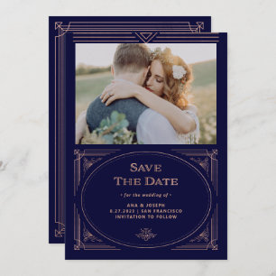 Reserva La Fecha Deco moderno   Faux Rosa Gold and Navy Blue Photo