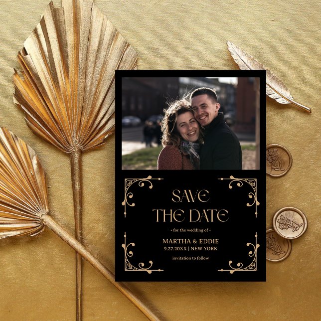 Reserva La Fecha Deco Moderno | Foto de Boda en Falso Oro y Negro (Modern deco faux gold and black save the date with photo announces your wedding with elegant charm.)