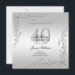 Reserva La Fecha Decoración elegante plateada 40.º Fiesta de cumple<br><div class="desc">Elegante y elegante guardar las tarjetas de fecha adecuadas para los eventos de cumpleaños de las mujeres. Hermosos y elegantes remolinos de plata y florecientes decoraciones de esquina sobre un fondo plateado de bonito. Todo el texto es totalmente personalizable para satisfacer sus necesidades. Si necesitas ayuda para personalizar de tu...</div>