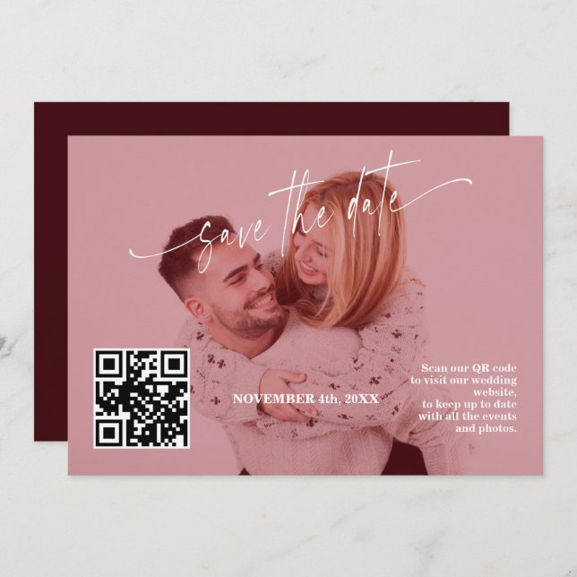 Reserva La Fecha Deep Burgundy Calligraphy QR Code Photo Wedding   (Anverso / Reverso)