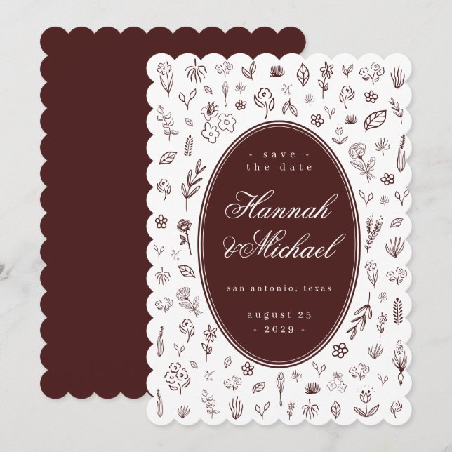 Reserva La Fecha Deep Burgundy Hand Drawn Flowers Spring Wedding (Anverso / Reverso)