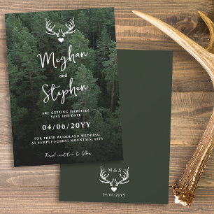 Reserva La Fecha Deer Antlers Woodland Pine Tree Forest Boda