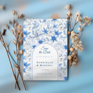 Reserva La Fecha Delft Azul Blanco Chinoiserie Patrón Floral