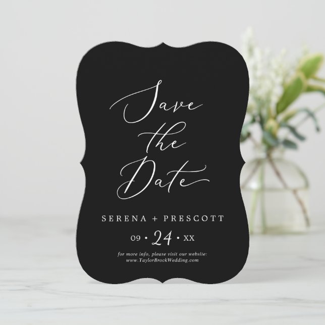Reserva La Fecha Delicado Boda de caligrafía negra oscura (Anverso de pie)