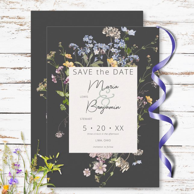 Reserva La Fecha Delicado Boda de carbón vegetal Boho Wildflowers (Delicate Boho Wildflowers Charcoal Wedding Save The Date)