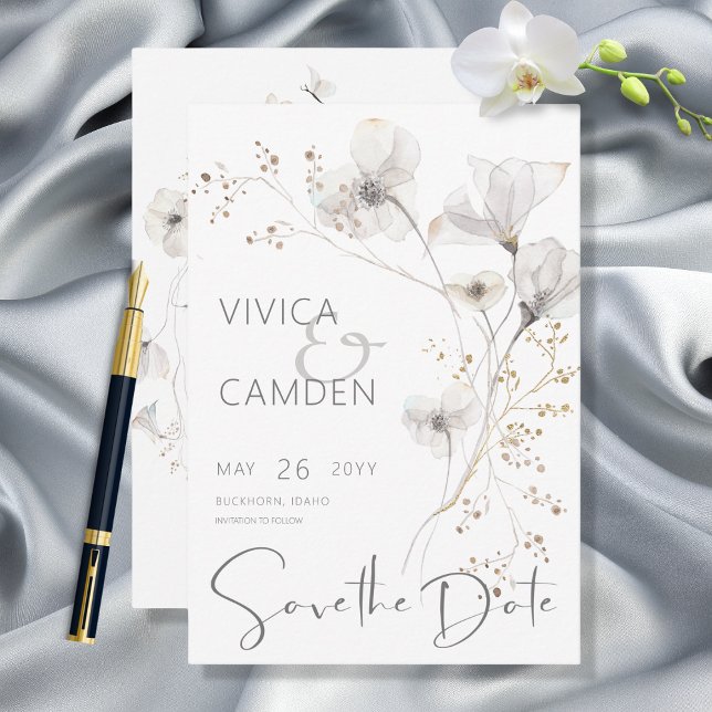 Reserva La Fecha Delicado Boda floral blanco y gris blanco moderno (Subido por el creador)