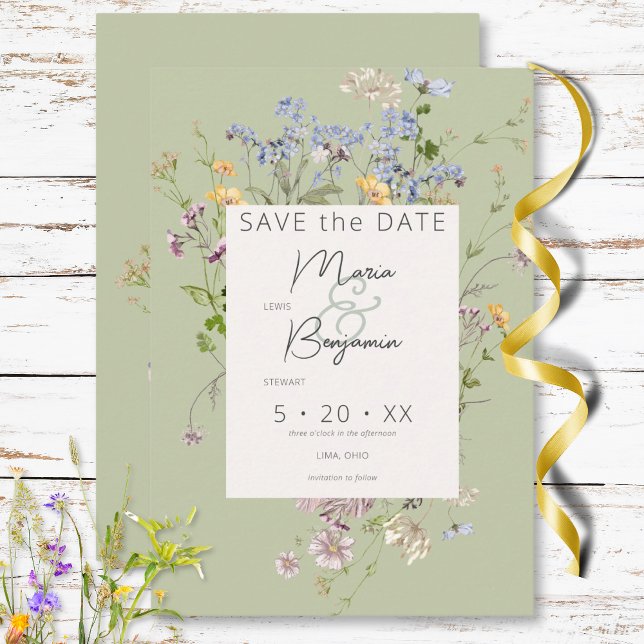 Reserva La Fecha Delicado Boda Verde Boho Wildflowers (Delicate Boho Wildflowers Green Wedding Save The Date)