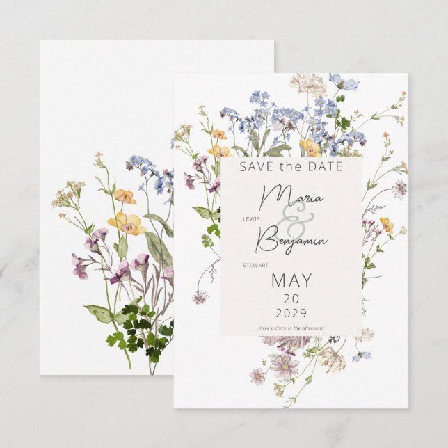 Reserva La Fecha Delicado Boho Wildflowers Boda Blanca (Anverso / Reverso)