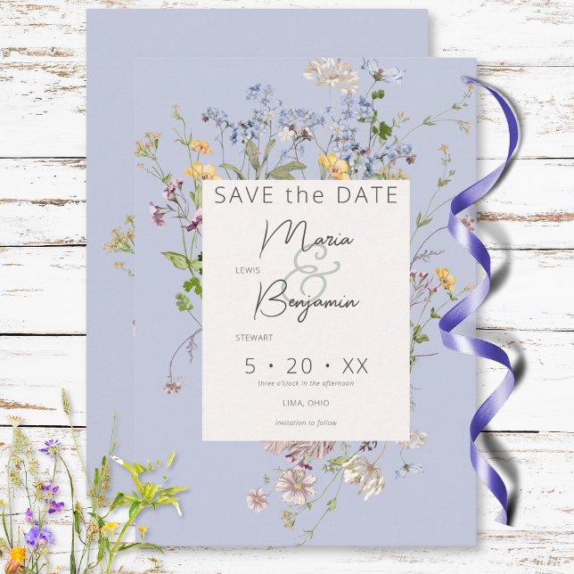 Reserva La Fecha Delicate Boho Wildflowers Periwinkle Boda (Delicate Boho Wildflowers Periwinkle Wedding Save The Date)