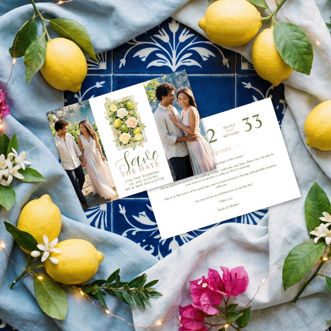 Reserva La Fecha Delicate Botanical Lemon Floral 2-Photo Wedding (Delicate Botanical Floral and Lemon Arrangement Wedding Save the Date Card Design with 2-Photo.)