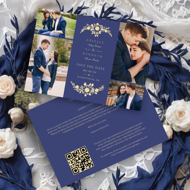 Reserva La Fecha Delicate Floral Navy Blue & Gold 4 Photos Collage (Delicate Floral Navy Blue & Gold 4 Photos Collage Save the Date)
