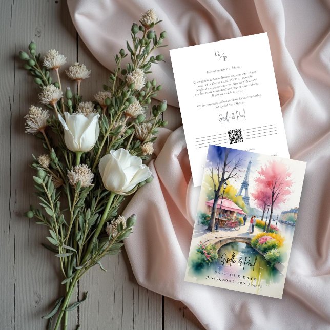 Reserva La Fecha Delicate Pink Romantic Paris Landscape Wedding (Delicate Pink Tones Romantic Paris Landscape with Couple Wedding Save the Date Card Design.)