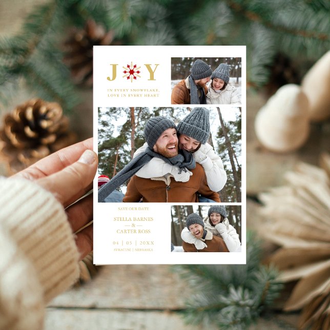 Reserva La Fecha Delicate Red & Fake Gold SnowFlake 3 Photos (Delicate Red & Fake Gold SnowFlake 3 Photos Collage Holiday Card with Envelope.)