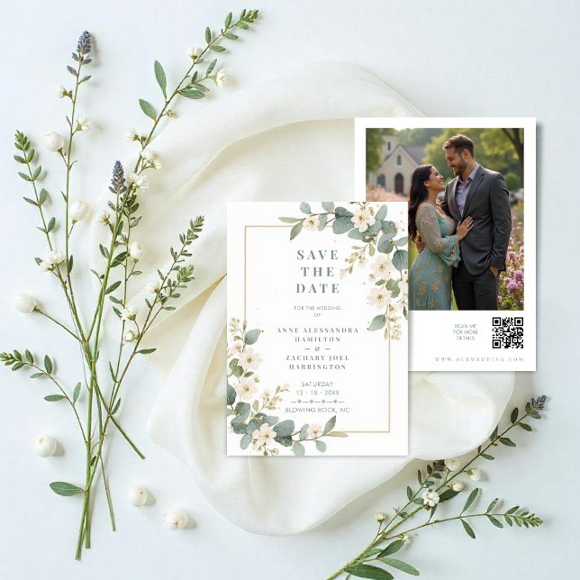Reserva La Fecha Delicate Romantic Flowers and Branches Wedding (Delicate Romantic Flowers and Branches Frame Wedding Save the Date Cards with Back Photo and QR Code)