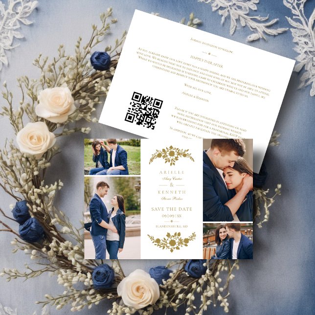 Reserva La Fecha Delicate White & Gold 4 Photos Collage Wedding (Delicate White & Gold 4 Photos Collage Wedding Save the Date Card.)