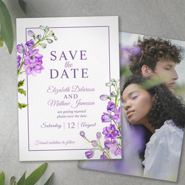 Reserva La Fecha Delphinium floral save the date purple photo (Subido por el creador)