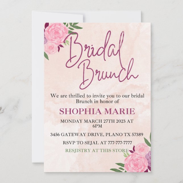 Reserva La Fecha Desayuno Bridal Rosa Moderno Acuarela Floral  (Anverso)