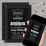 Reserva La Fecha Descargable Sorprende fiesta de cumpleaños en blan<br><div class="desc">¿Puedes guardar un secreto? Invite a la familia y amigos a una elegante y emocionante celebración sorpresa de cumpleaños con personalizados en blanco y negro para guardar las invitaciones de fiesta de citas. Todo el texto de esta plantilla es sencillo de personalizar, incluyendo el mensaje que dice "¡Shhh! Es una...</div>
