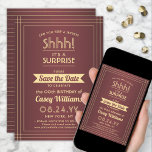 Reserva La Fecha Descargable sorpresa cumpleaños Borgoña y Oro<br><div class="desc">¿Puedes guardar un secreto? Invite a la familia y amigos a una elegante y emocionante celebración sorpresa de cumpleaños con el personalizado burgundy y el oro salven las invitaciones a la fiesta de citas. Todo el texto de esta plantilla es sencillo de personalizar, incluyendo el mensaje que dice "¡Shhh! Es...</div>