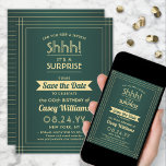 Reserva La Fecha Descargable Sorpresa Cumpleaños Verde y Oro<br><div class="desc">¿Puedes guardar un secreto? Invite a la familia y amigos a una elegante y emocionante celebración sorpresa de cumpleaños con verde personalizado y oro salven las invitaciones de la fiesta de citas. Todo el texto de esta plantilla es sencillo de personalizar, incluyendo el mensaje que dice "¡Shhh! Es una SORPRESA"....</div>