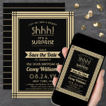 Reserva La Fecha Descargable Sorpresa Fiesta de Cumpleaños Negro y<br><div class="desc">¿Puedes guardar un secreto? Invite a la familia y amigos a una elegante y emocionante celebración sorpresa de cumpleaños con personalizado negro y oro salven las invitaciones de fiesta. Todo el texto de esta plantilla es sencillo de personalizar, incluyendo el mensaje que dice "¡Shhh! Es una SORPRESA". El diseño presenta...</div>