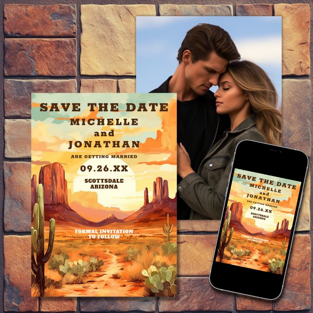 Reserva La Fecha Desert Sunset, Cactus Boda de fotografía suroeste (Printed and Digital - Desert Sunset, Cactus Southwestern Photo Wedding Save The Date)