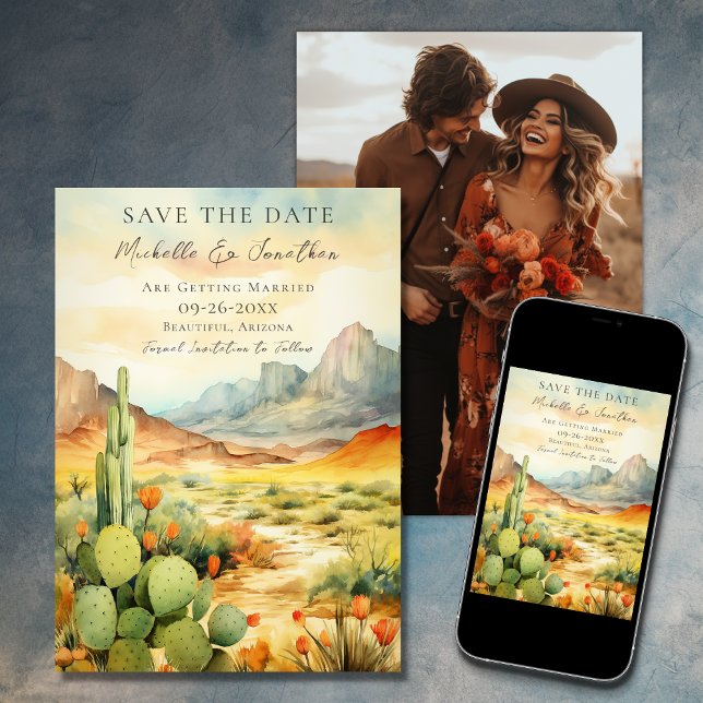 Reserva La Fecha Desierto acuarela Boda de fotos (Printed and Digital - Watercolor Southwestern Desert Photo Wedding Save The Date)