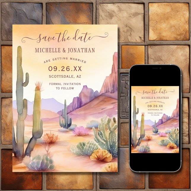 Reserva La Fecha Desierto del suroeste y Boda de Cactus (Printed and Digital - Watercolor Southwestern Desert and Cactus Wedding Save The Date)