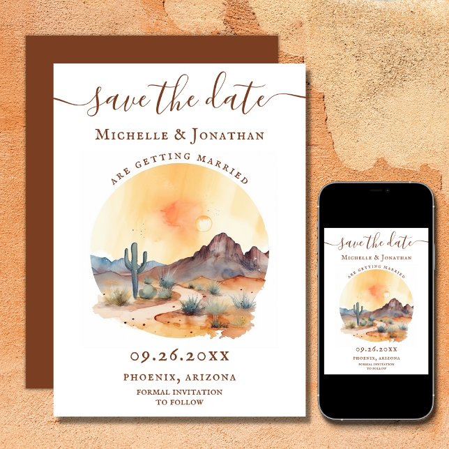 Reserva La Fecha Desierto del suroeste y Boda de Cactus (Printed and Digital - Watercolor Southwestern Desert and Cactus Wedding Save The Date)