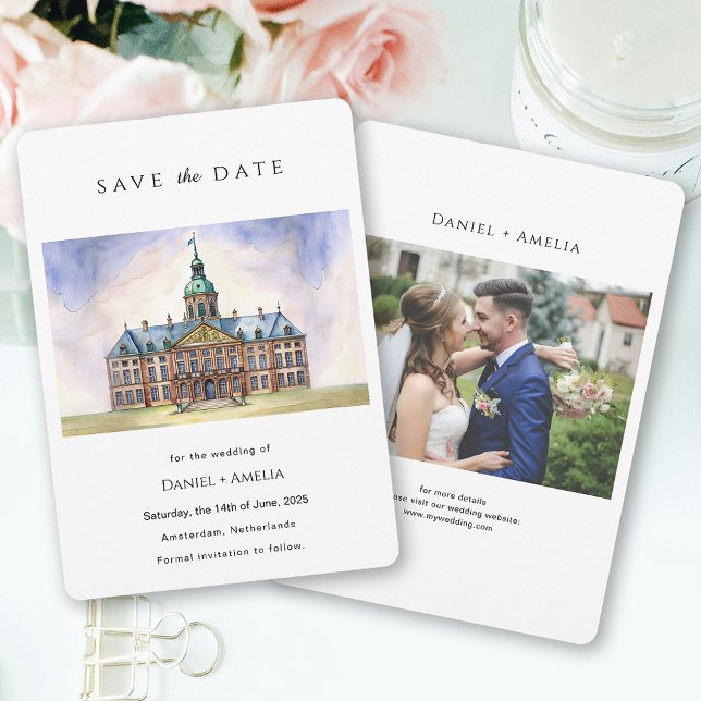 Reserva La Fecha Destino de agua de los Países Bajos de Amsterdam (Amsterdam Netherlands Watercolor Destination Save The Date)