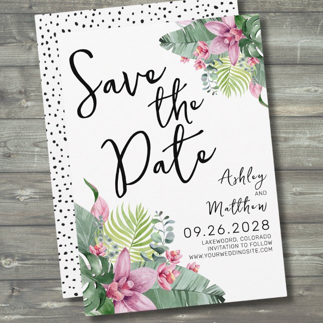 Reserva La Fecha Destino de Playa Boda Tropical (Pink Green Palm Watercolor Tropical Floral Wedding Save The Date)