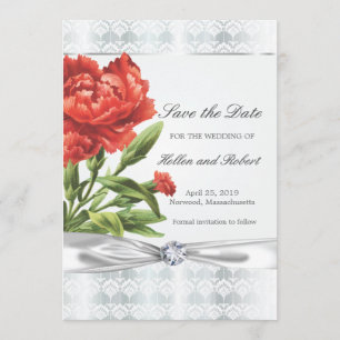 Reserva La Fecha Diamante plateado y flor roja elegante Salven la f