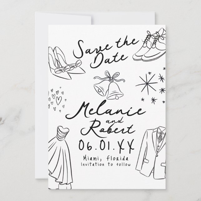 Reserva La Fecha Dibujos de novia y novio en blanco y negro a mano  (Anverso)