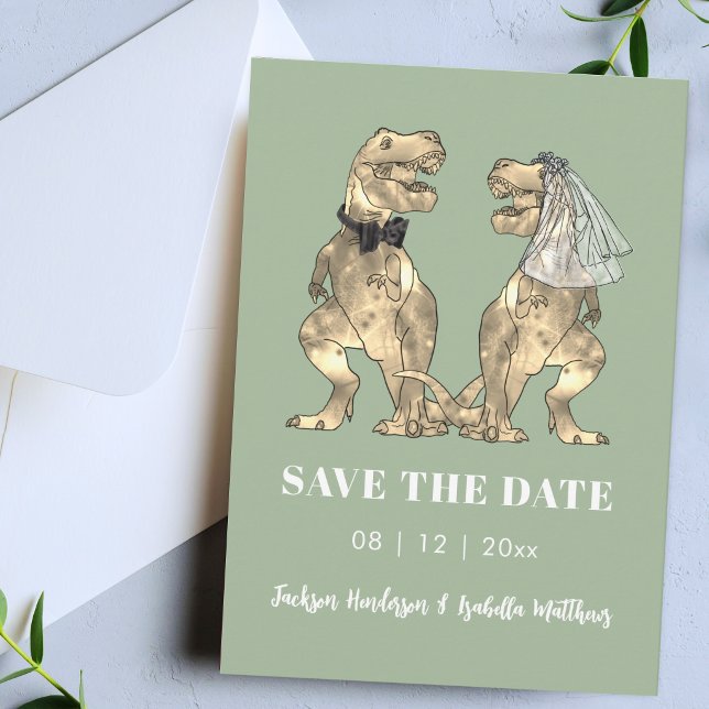 Reserva La Fecha Dinosaur Themed Sage Green Wedding (Funny modern dinosaur wedding save the date sage green invitation)