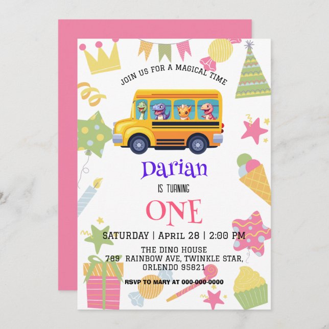 Reserva La Fecha Dinosaurio divertido de vuelta a la tarta de autob (Anverso / Reverso)