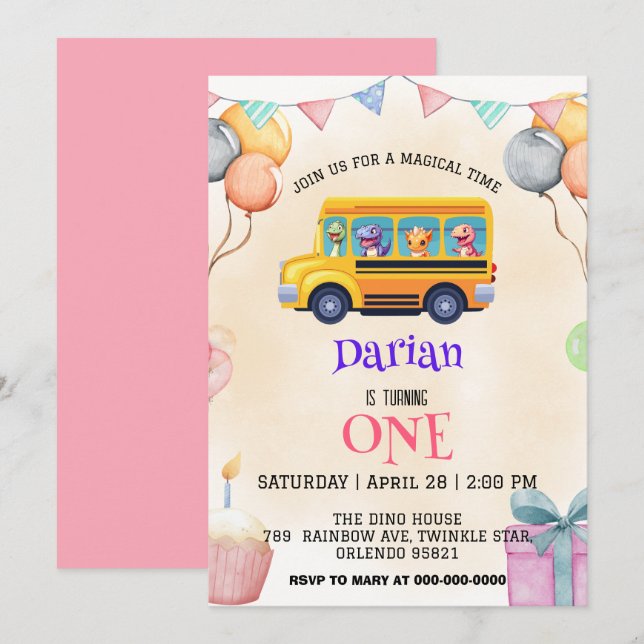 Reserva La Fecha Dinosaurio divertido de vuelta a la tarta de autob (Anverso / Reverso)