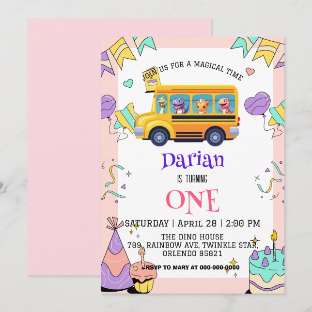 Reserva La Fecha Dinosaurio divertido de vuelta a la tarta de autob (Anverso / Reverso)