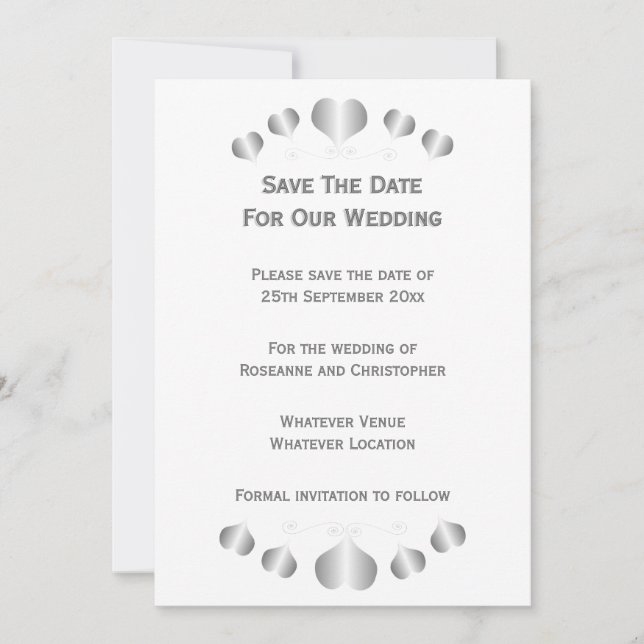Reserva La Fecha Diseño de Bodas Corazones de Plata (Anverso)