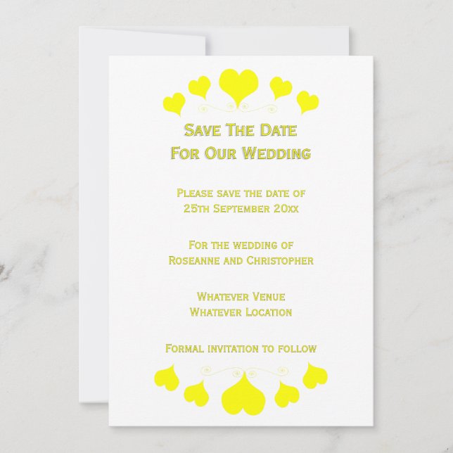 Reserva La Fecha Diseño de Corazones Amarillos para Boda (Anverso)