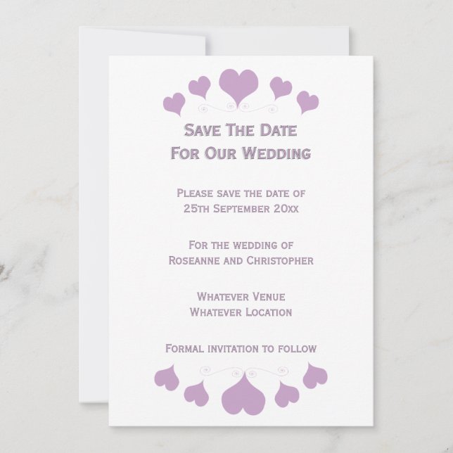 Reserva La Fecha Diseño de Corazones de Lila Boda (Anverso)