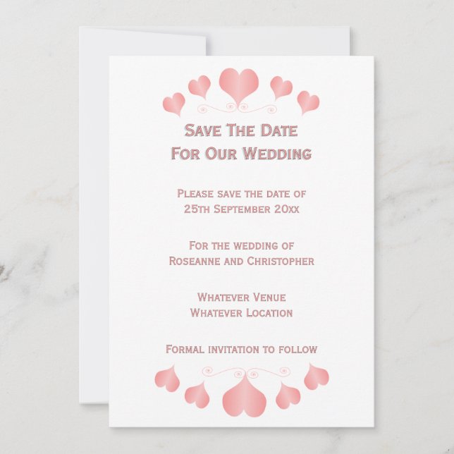 Reserva La Fecha Diseño de Corazones Rosas Boda (Anverso)