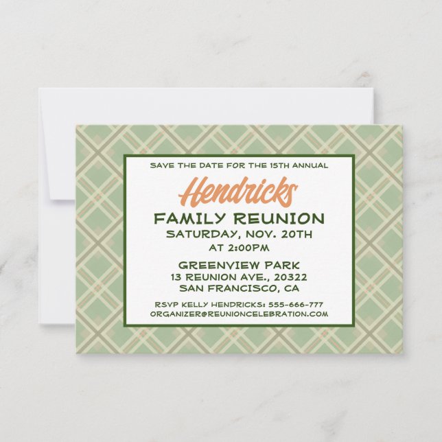 Reserva La Fecha Diseño de Reunión de Familia Verde, Plaid (Anverso)